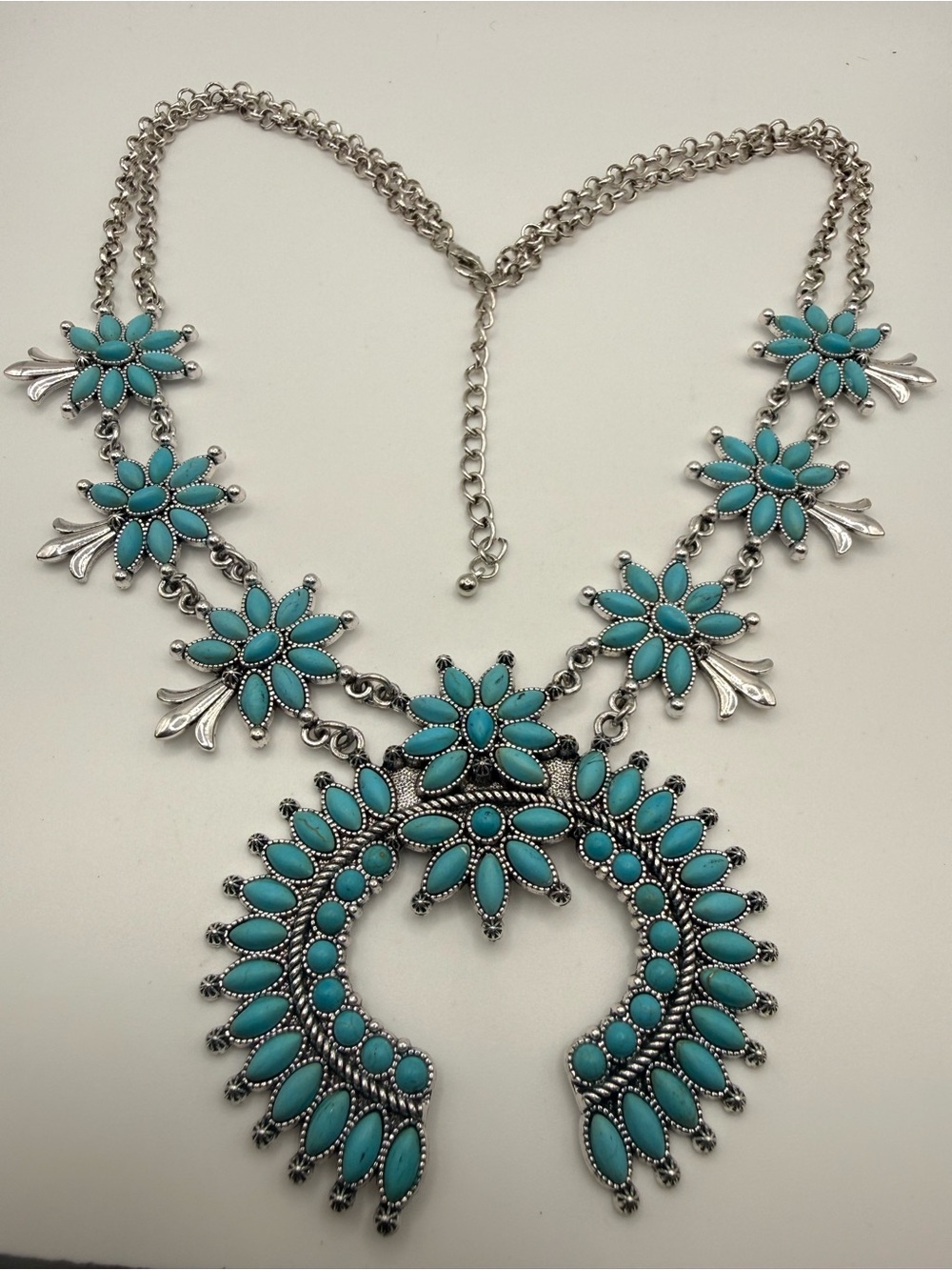 Squash Blossom Necklace Costume Silver Tone Faux Turquoise‎ Southwestern 20-23”